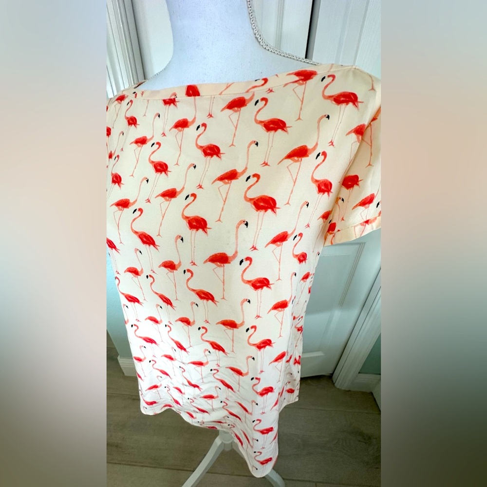 Kate Spade New York Silk Flamingo Print Boatneck Blouse Top Ivory Pink Size 6